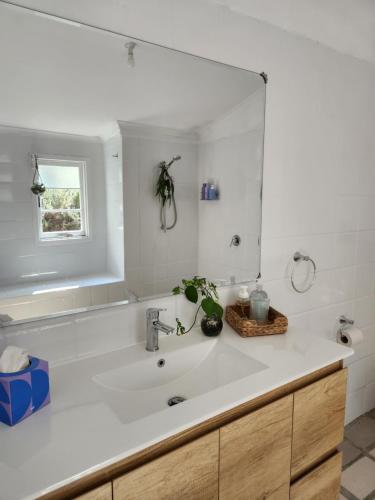 a bathroom with a sink and a large mirror at The Lavender Patch in Mundaring