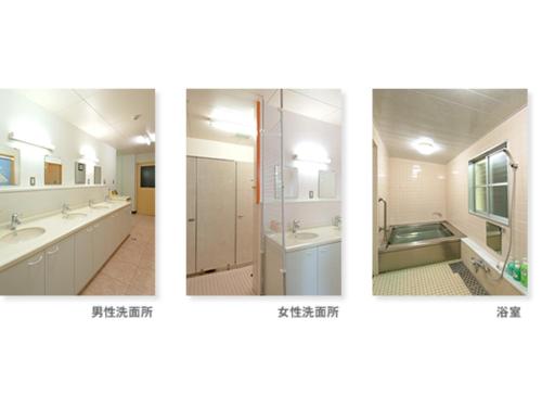 three pictures of a bathroom with two sinks and a shower at Amanohashidate Youth Hostel - Vacation STAY 94808v in Miyazu