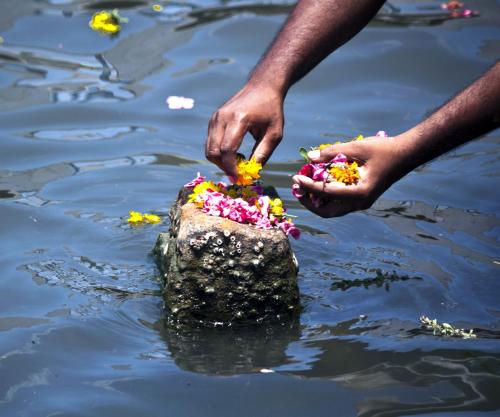 a person is holding flowers in the water at Daiwik Hotels Rameswaram in Rāmeswaram