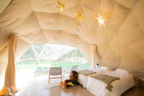 een slaapkamer met een tent met een bed en een teddybeer bij glampark Healthy Pal Gunma in Shibukawa