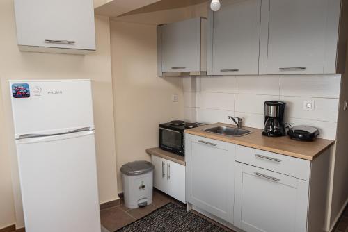 a small kitchen with white cabinets and a white refrigerator at Seacoast Apartments 1 ! in Kamena Vourla