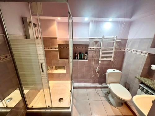 łazienka z prysznicem i toaletą w obiekcie Sosnowy apartament w mieście Józefów