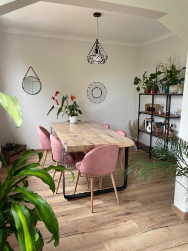 a dining room with a wooden table and pink chairs at Appartement F3 Cocooning in Montigny-lès-Metz