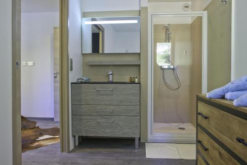 y baño con ducha y tocador de madera. en Le Grand Belvédère, en Vaujany