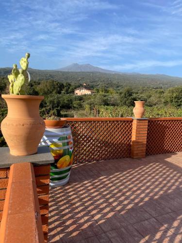 a terrace with a plant in a vase on a balcony at Camia Etna House in Piedimonte Etneo