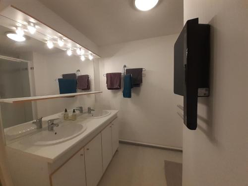 a bathroom with two sinks and a large mirror at Joli triplex 3 étoiles, avec jardin et cheminée in Génos