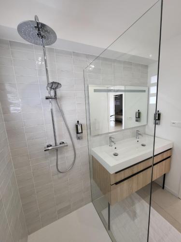 a bathroom with a sink and a shower at Les Hauteurs de la Baie in Noumea
