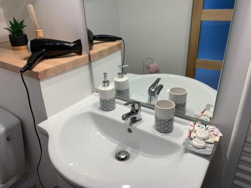 un bagno con un lavandino bianco e uno specchio di Little World - Saint-Julien-les-villas a Saint-Julien-les-Villas