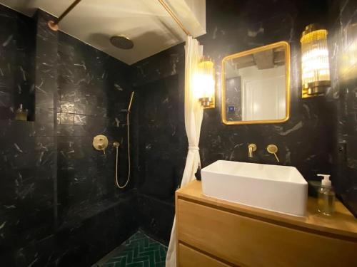 une salle de bain avec un lavabo, une douche et un miroir dans l'établissement Penthouse with Terrasse and view on Eiffel tower, à Paris