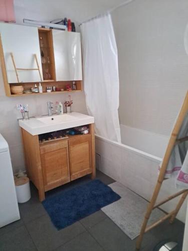 une salle de bain avec un lavabo, une douche et une baignoire dans l'établissement Appartement cosy avec jardin et parking, à Gennevilliers