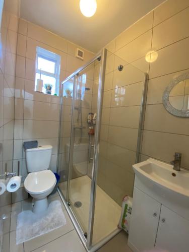 La salle de bains est pourvue d'une douche, de toilettes et d'un lavabo. dans l'établissement Confortable and central room, à Londres