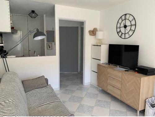 a living room with a couch and a flat screen tv at Appartement T2 en bord de mer in Roquebrune-Cap-Martin