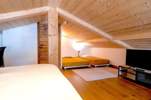 a bedroom with two beds and a tv in a room at Apt Le Rocher - close to town with Hot tub for 8ppl+2kids in Les Gets