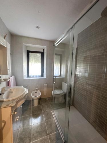 a bathroom with a sink and a toilet and a shower at La Casa de Quico in Nocedo de Curueño