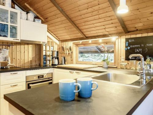 een keuken met twee blauwe mokken op een aanrecht bij 6 person holiday home in Stubbek bing in Stubbekøbing
