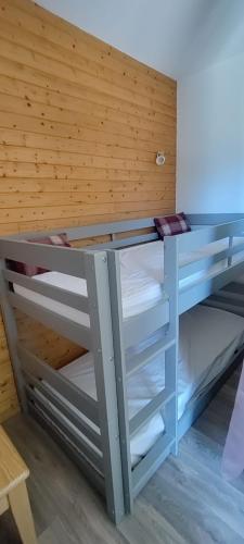 a bunk bed in a room with a wooden wall at Orelle 3 Vallées - Studio 4 personnes in Orelle