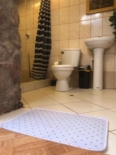 a bathroom with a toilet and a sink and a rug at Casas de campo para riders in Urubamba