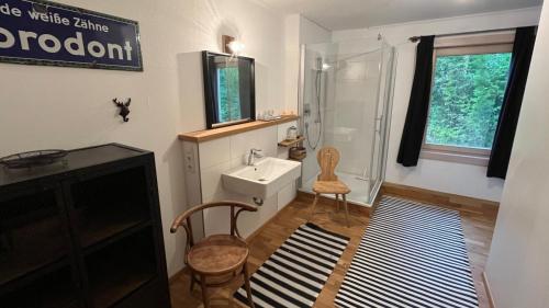 a bathroom with a white sink and a mirror at FeWo Höfen 17, Oberstaufen/Höfen in Oberstaufen