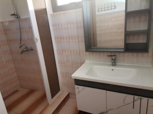 a bathroom with a sink and a shower at Villa TORARICA in Pointe aux Biches