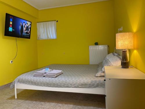um quarto com uma cama e uma televisão na parede em nicole's home em Atenas