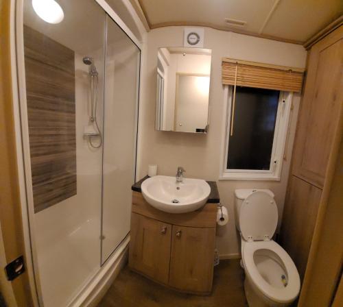 a bathroom with a toilet and a sink and a shower at New Forest 2-Bed Premium Holiday Home New Milton in New Milton