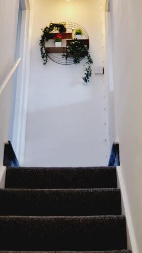 a set of stairs with a table and plants at Wembley property in London