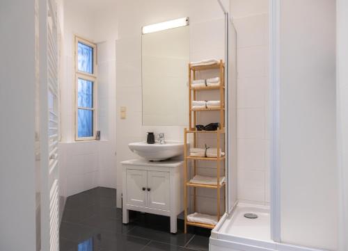 een witte badkamer met een wastafel en een spiegel bij Imperial City Apartment in Wenen