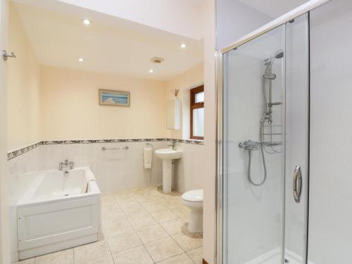 W łazience znajduje się prysznic, umywalka i toaleta. w obiekcie Cairnhapple House w mieście Stranraer