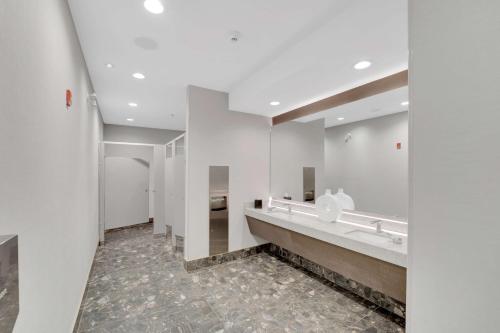 baño con paredes blancas y lavamanos largo en Hilton Garden Inn Toronto/Brampton, en Brampton