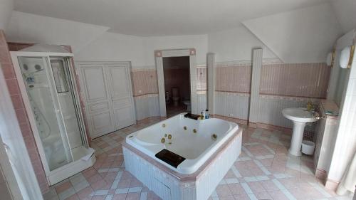 La grande salle de bains est pourvue d'une baignoire et d'un lavabo. dans l'établissement Castle Garden ***, à Szombathely