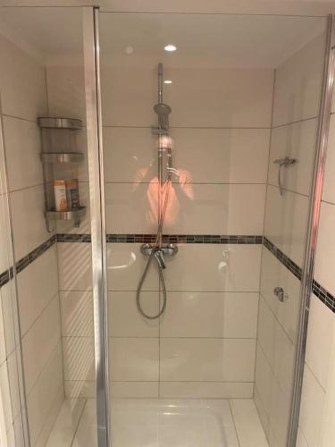 La salle de bains est pourvue d'une douche avec une porte en verre. dans l'établissement Studio apratement Bremen 01, à Brême