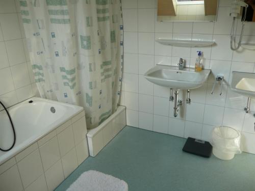 a bathroom with a sink and a bath tub and a sink at Ferienhof Roller in Simmersfeld