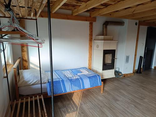 a bedroom with a bunk bed and a fireplace at Alpaka-Ranczo AFF in Puławy