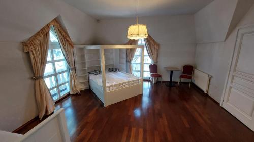 - une chambre avec un lit et 2 grandes fenêtres dans l'établissement Castle Garden ***, à Szombathely