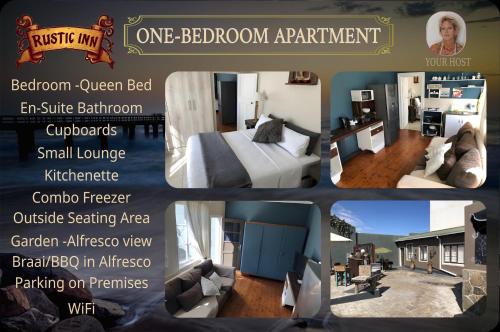 eine Collage mit vier Bildern eines Wohnzimmers in der Unterkunft Rustic Inn in Swakopmund