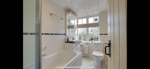 uma casa de banho com uma banheira, um WC e um lavatório. em Meadowcroft em Lindale