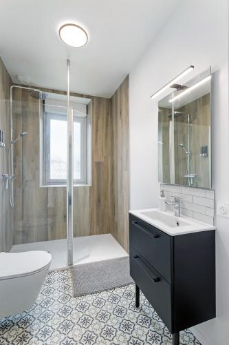 une salle de bain avec un lavabo, une douche et des toilettes dans l'établissement Loft british au pied du Mont !, à Pontorson