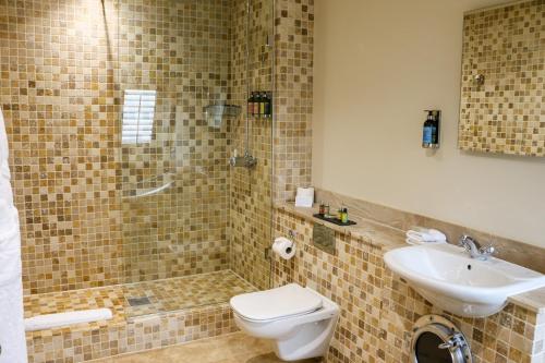 a bathroom with a toilet and a sink and a shower at South Sands Hotel in Salcombe