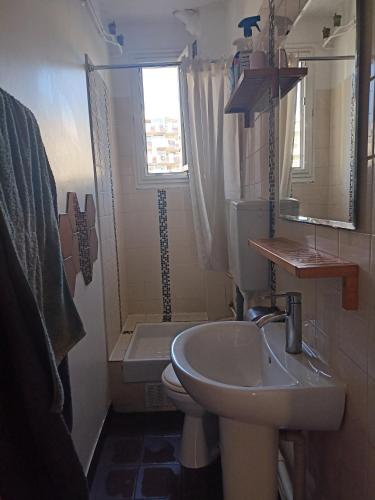 une salle de bain avec un lavabo et des toilettes et une fenêtre dans l'établissement Rue du Cambodge, à Paris