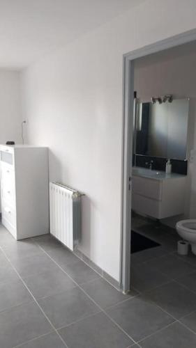 une salle de bain blanche avec des toilettes et un lavabo dans l'établissement Gite dans les collines, à Montirat