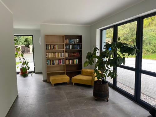 ein Wohnzimmer mit Sofa und Bücherregal in der Unterkunft Rollstuhlgerechtes Ferienapartment A1 Villa Wilisch 65qm in Amtsberg