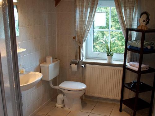 La salle de bains est pourvue de toilettes, d'un lavabo et d'une fenêtre. dans l'établissement Hirschhof Hildebrandt, 