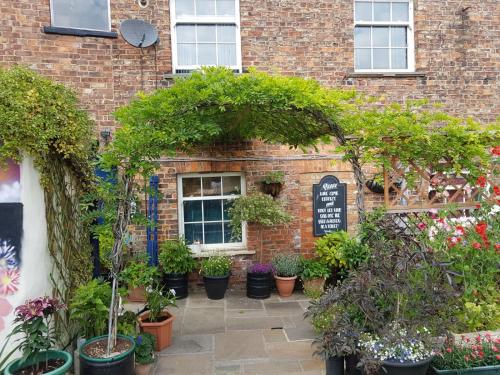 a greenhouse with potted plants in front of a brick building at Three Coopers in Bedale