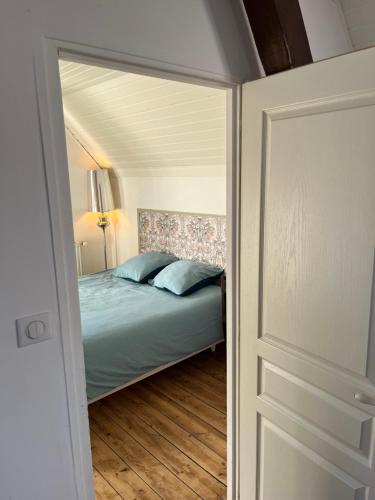 a bedroom with a bed with blue pillows at Chez Régine, 45m2 privés in Schiltigheim