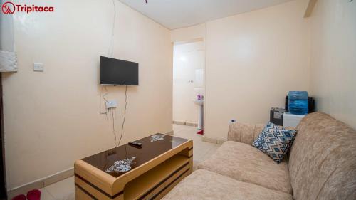 ein Wohnzimmer mit einem Sofa und einem TV in der Unterkunft Cutie homes in Nairobi