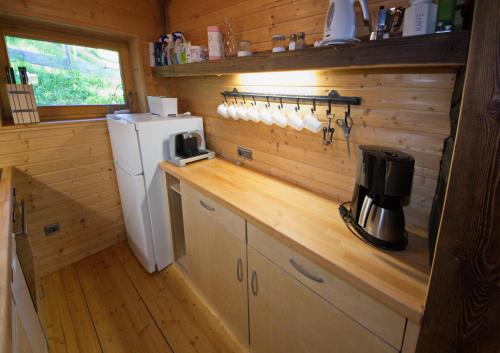 a kitchen with a white refrigerator and wooden walls at Falkert-Hütte „Beim Almöhi" in Patergassen