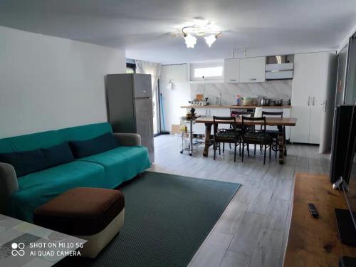 a living room with a green couch and a kitchen at 10 min to Disneyland Paris, a T3 renewed in a big house, all equiped for 4 or 6 persons in Collégien