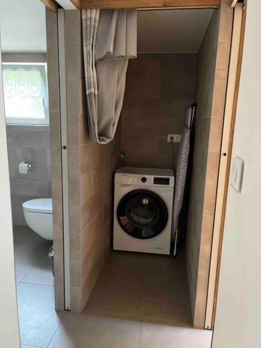 une salle de bain avec machine à laver et toilettes dans l'établissement La Maison Peter, proche de la nature, 3 étoiles, à Wasserbourg