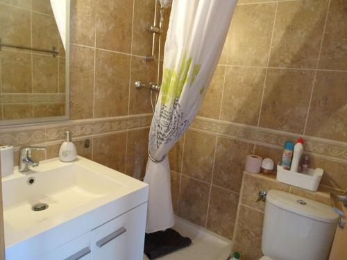 baño con lavabo y cortina de ducha en Appartement Amélie-les-Bains-Palalda, 2 pièces, 2 personnes - FR-1-659-78, en Amélie-les-Bains-Palalda
