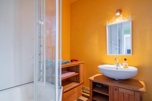 une salle de bain avec un lavabo et une douche dans l'établissement Le Claudel - Idéal pour découvrir les Vosges, à La Bresse